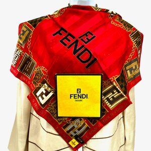New W/Tag+Box fendi Silk/Cotton  scarf 23" Red  Stripe Brown Gold Logo Print (97